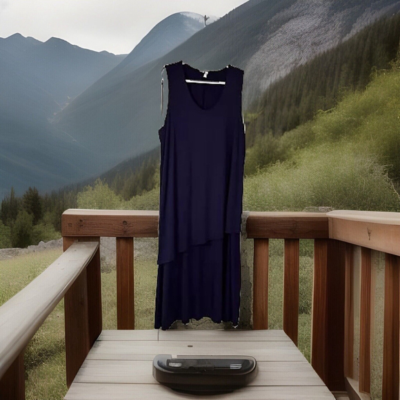 2X Ulla Popken 1 Pc. Stretchy Layered Navy Midi Sleeveless Oversized Comfy Dress - Picture 2 of 12